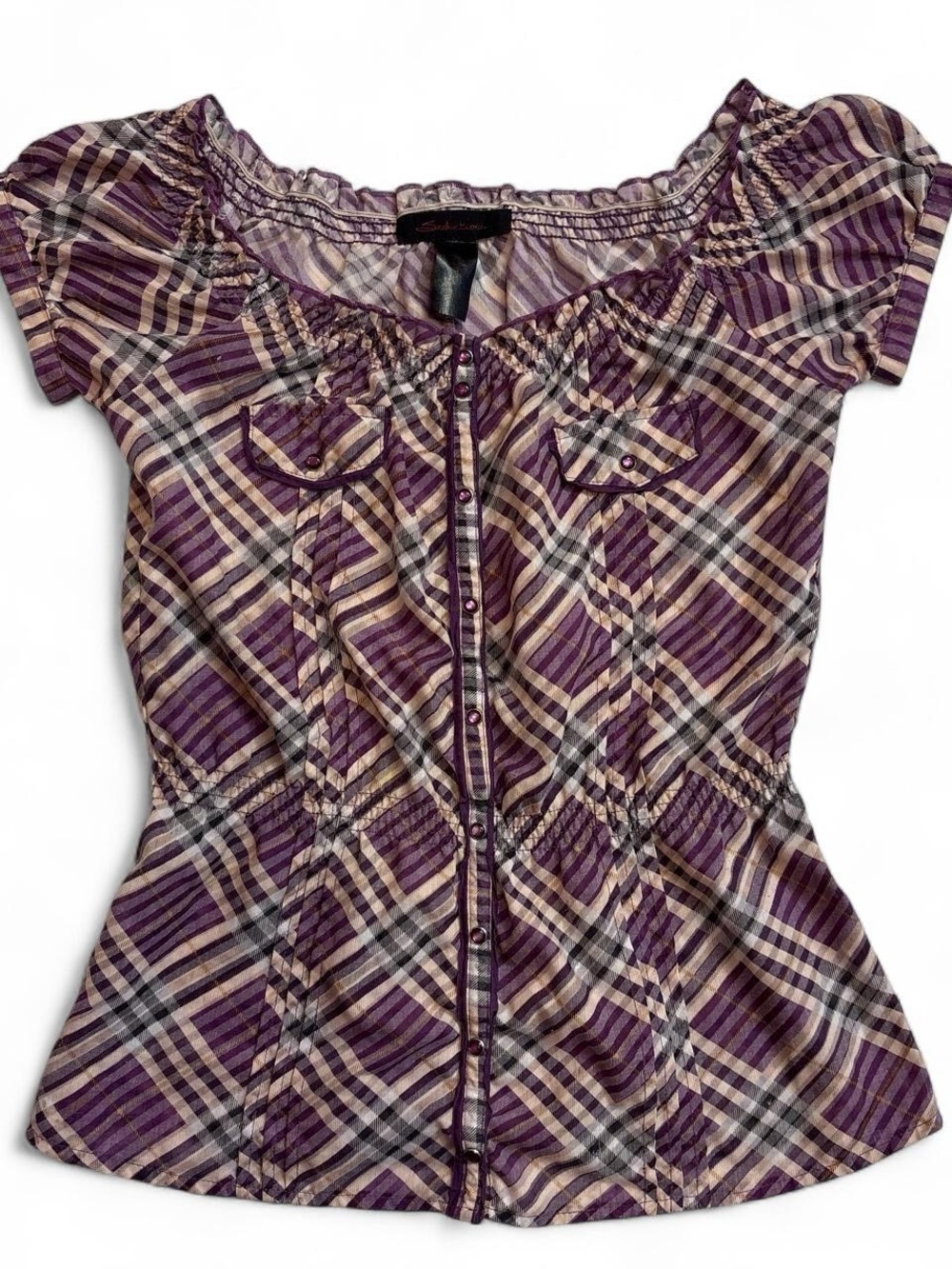 y2k sheer Purple Plaid Button-Front Top